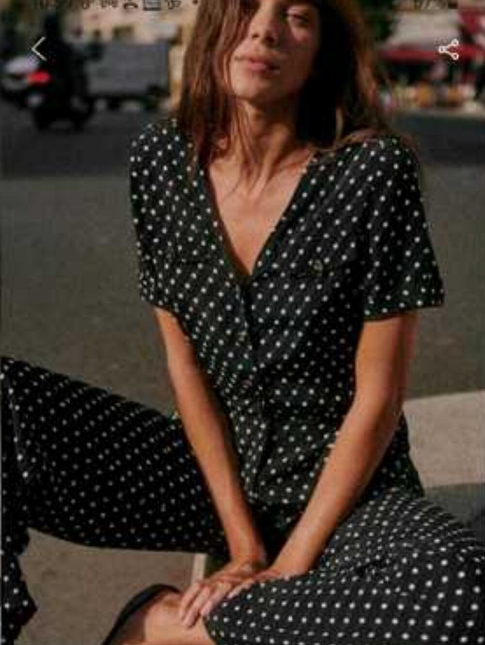 Sezane Polka Dot Short Sleeve V-Neck Jumpsuit. Black, White. 27". 6 US.